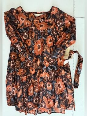 NWT Small Happy X Nature Cotton Black Orange Floral Long Sleeve Dress